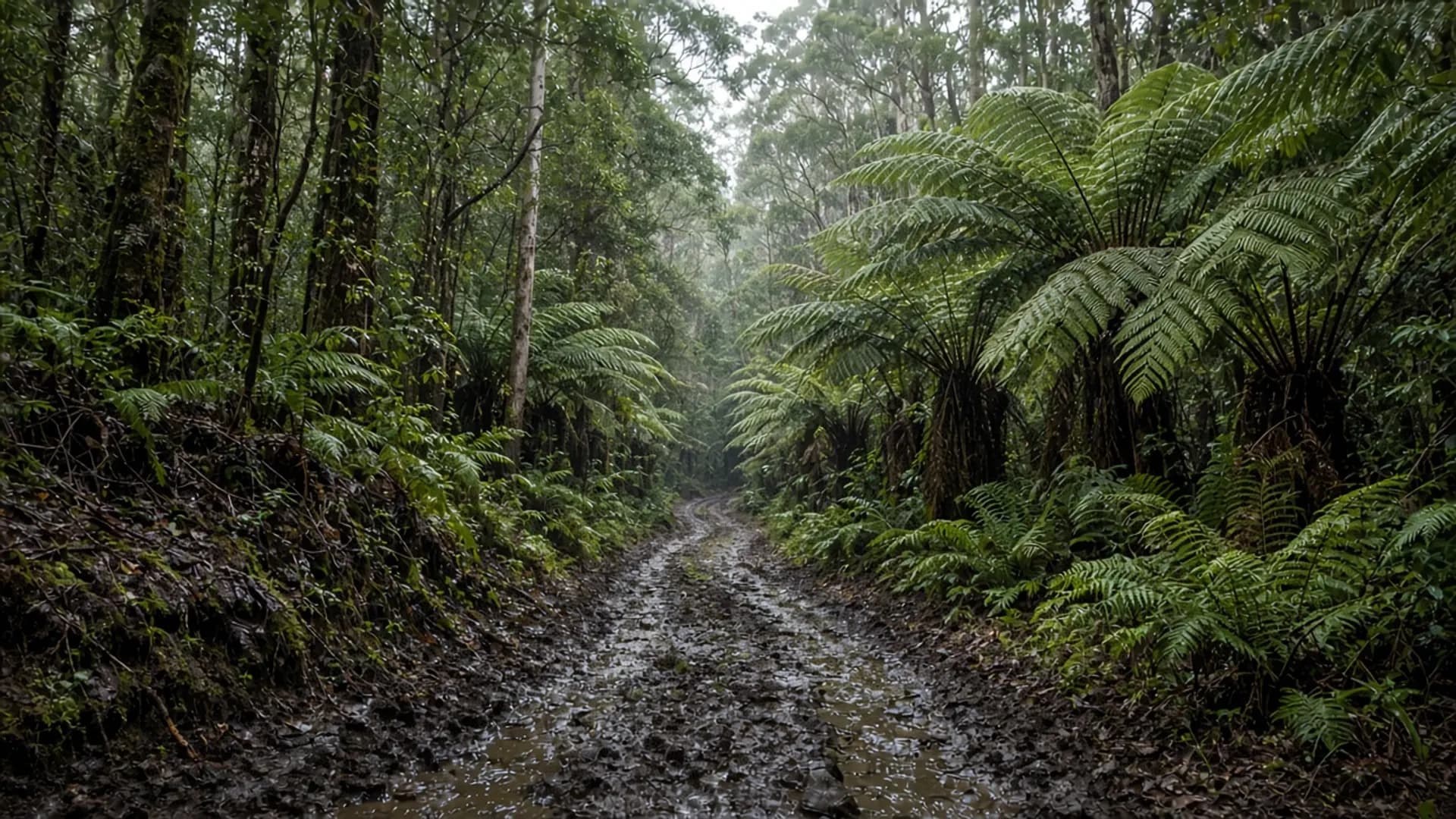 Unsealed forest track in wet Tasmania