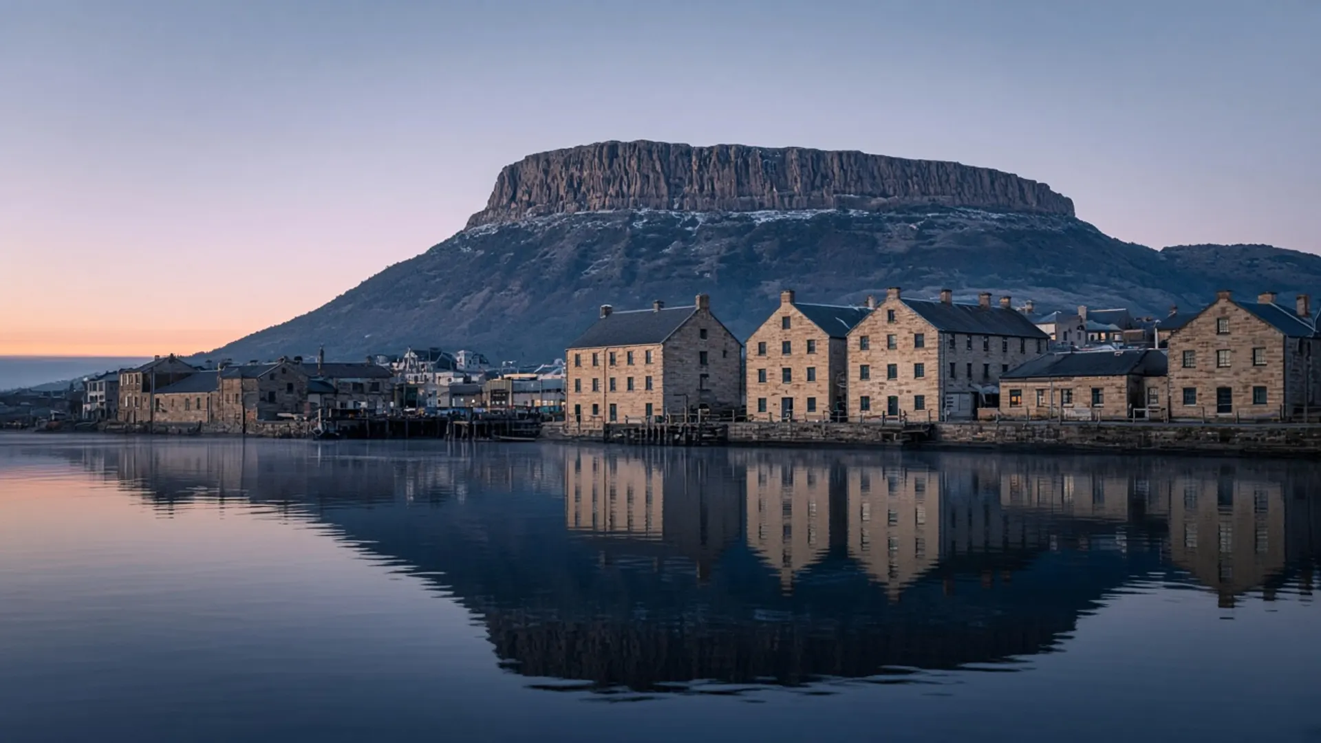 Hobart waterfront and mountain at dawn