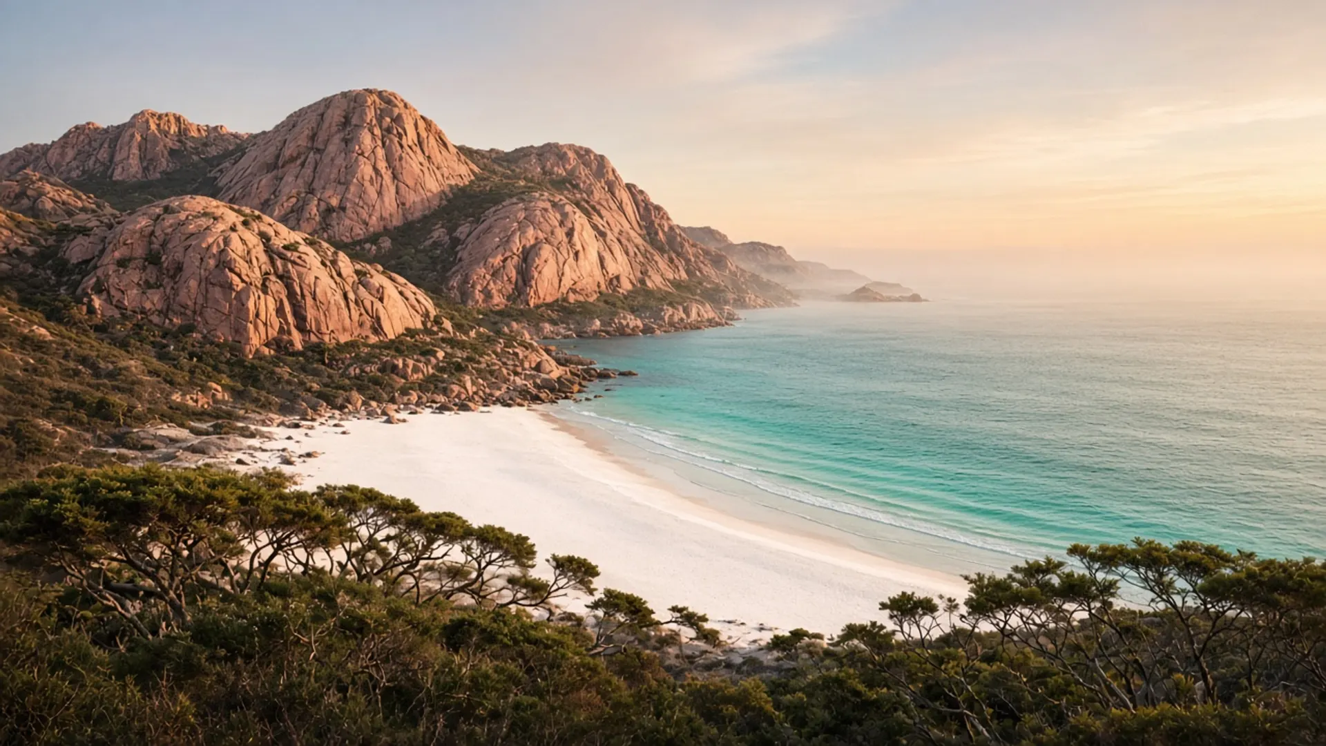 Pink-granite peaks over a crescent Tasmania bay at last light